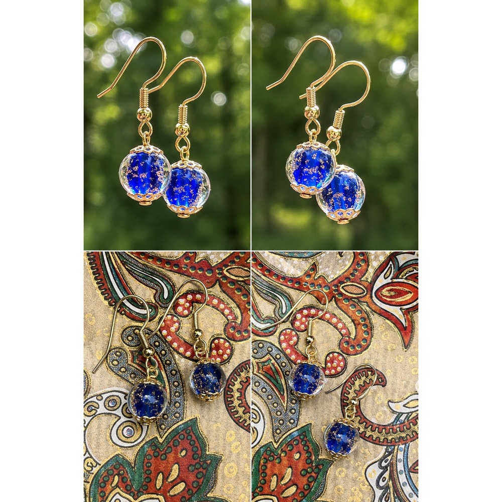 Handmade Murano Glass Earrings Blue Gold Foil Beads Venice Italy Artisan NEW